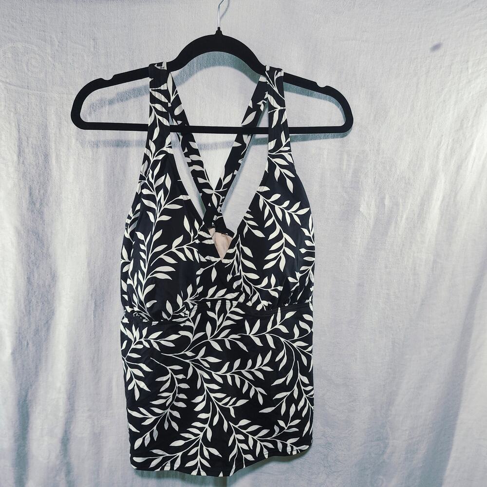 Womens Landsend Plus Size 20 Swim Top Built in Bra Wide Straps Black White Print
